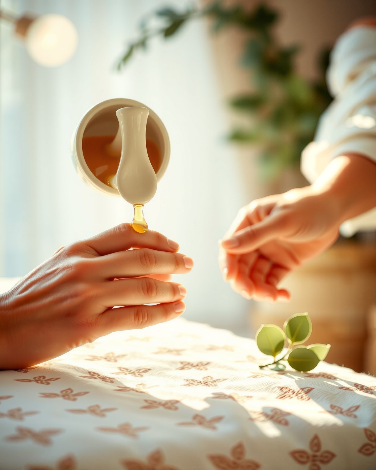 Varm massageolja hälls i händerna inför behandlingen